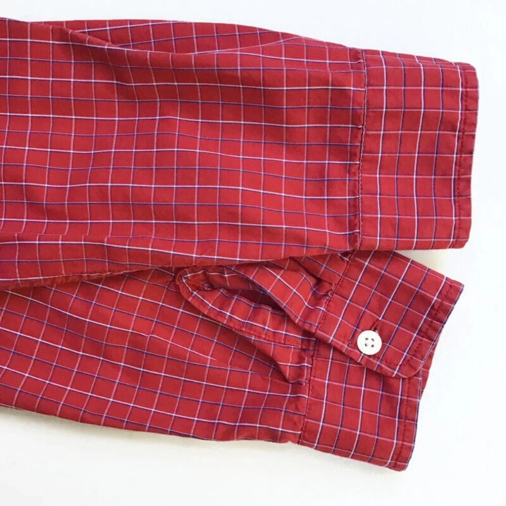 Talbots Button Down Shirt Womens Sz Medium Thin Line Plaid Red Blue 100% Cotton - Picture 6 of 8